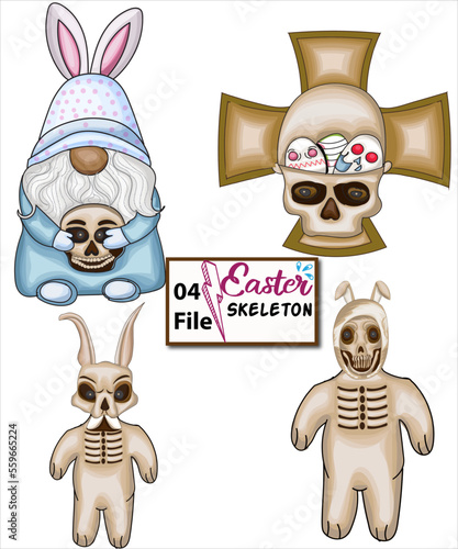 happy easter skeleton with gnome skull vector illustration set