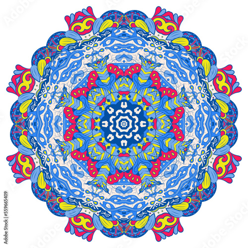 Mandala. Tracery wheel image. Mehndi design. Ethnic doodle art. Curved doodling picture. Vector