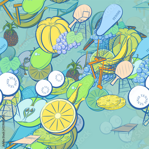 Background pattern abstract design texture. Seamless. Tennis and Fruits. Theme is about bananas, fetus, balls, ping-pong, whole, lobules, observer, tennis racket case, tennis racket, tennis balls