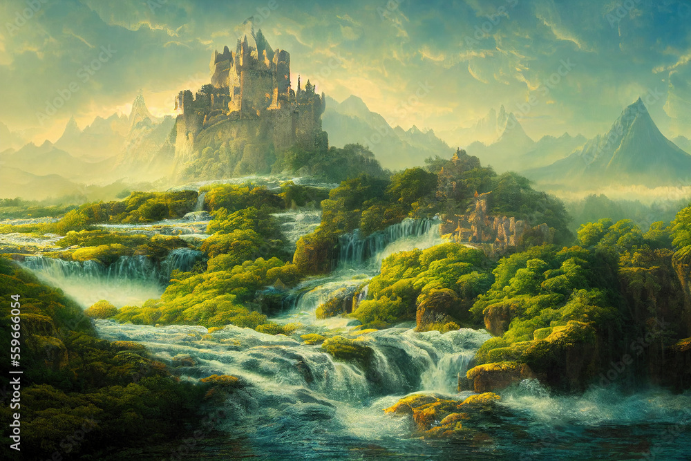 Beautiful digital art generative AI of fantasy fairy tale castle on waterfall with hills and mountain scenery. Splendid greenery and forest landscape like it came out from fairytale. - obrazy, fototapety, plakaty 