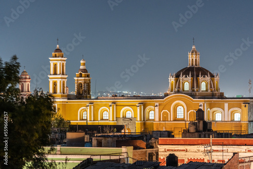 Beautiful night view of the city of Puebla in Mexico. San Juan de Dios church.