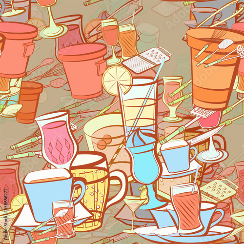 Background pattern abstract design texture. Seamless. Drinks and Cutlery. Theme is about hot drink, cream, soda, whisk, saucer, alcohol, compote, figured glass, Martini, lemon, stand, Potato Maker