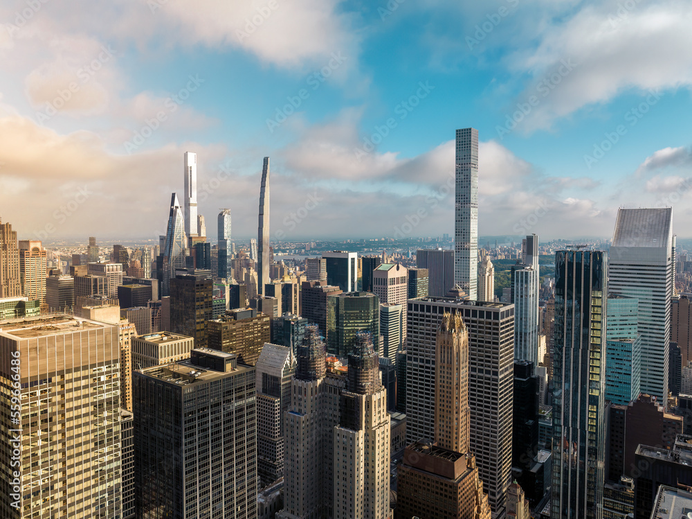 Naklejka premium New York City Manhattan panorama with tall thin skyscrapers next to Central Park