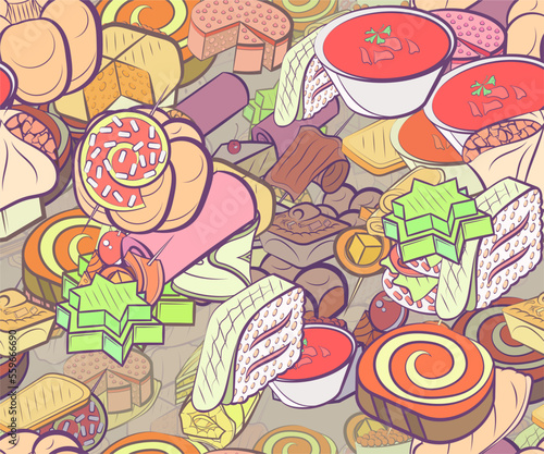 Background pattern abstract design texture. Seamless. Bakery products and Snacks. Theme is about caviar, jelly, dough, mini cake, cheesecake, twisted filling, rice, stuffed cabbage, star