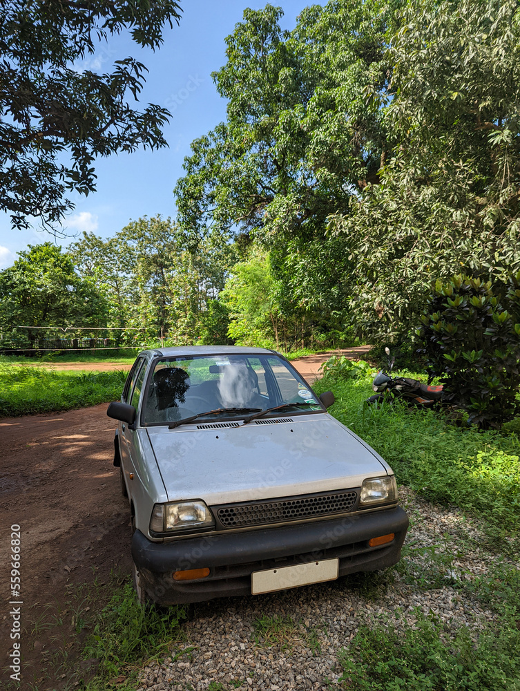 an old retro model car parked on the side of the road in a park surrounded by green trees and plants in summer