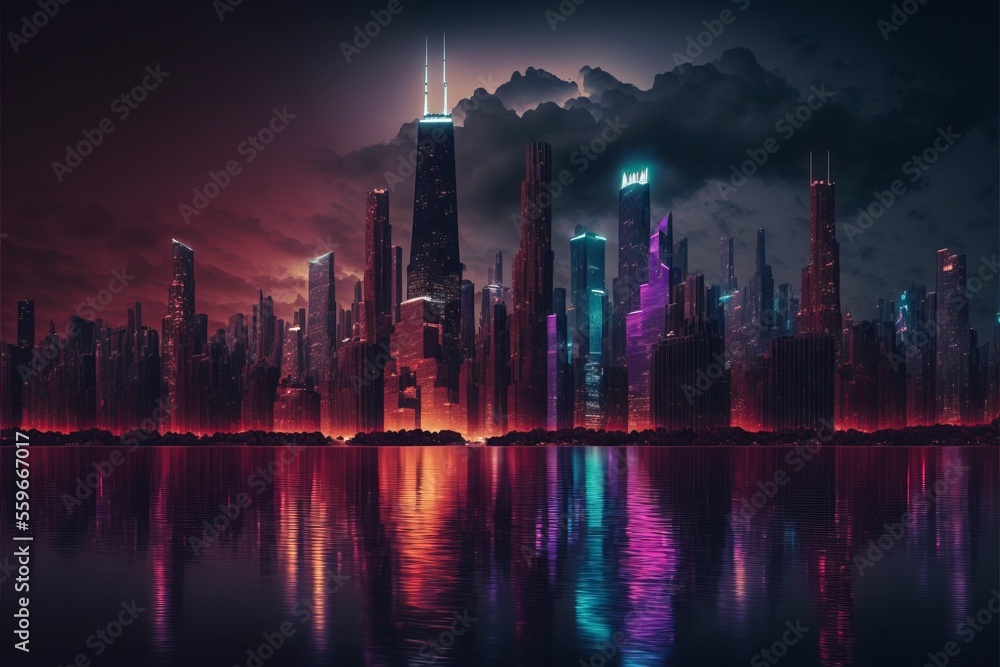 Obraz premium city skyline with all buildings made of neon lights