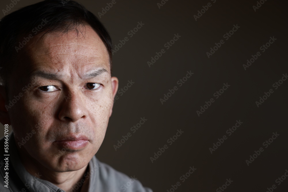 Middle-aged Japanese man in gray casual shirt on gray background. Conceptual image of world peace, stability in daily life, and sustainable living. Middle-aged Japanese man in gray casual shirt on gray background. Conceptual image of world peace, stability in daily life, and sustainable living.