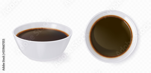 Realistic white bowl with soy sauce or balsamic vinegar isolated on transparent background. Vector illustration set of side and top view porcelain dish with Chinese cuisine condiment, salty seasoning