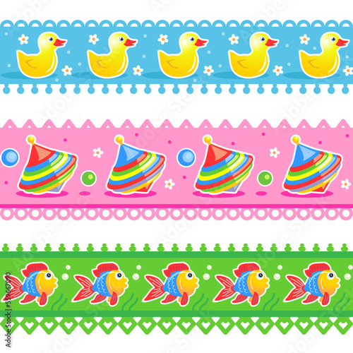 Kids toys seamless tape patterns with rubber ducks, spinning tops, rubber fish
