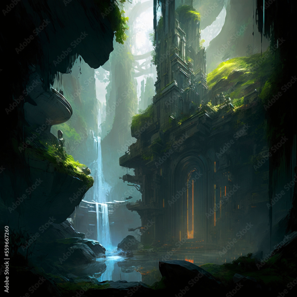Deep black forest waterfall with divine rays, shimmering stone labyrinth