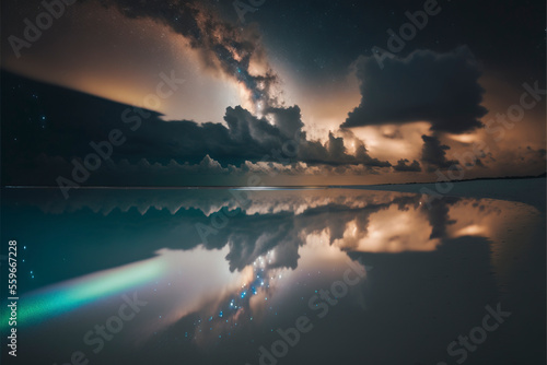 lake night landscape and galaxy background