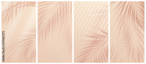 Palm leaves shadow overlay on creamy beige background. Realistic vector illustration of exotic plant foliage, branch silhouettes. Set of poster, social media stories, spa salon promo flyer templates