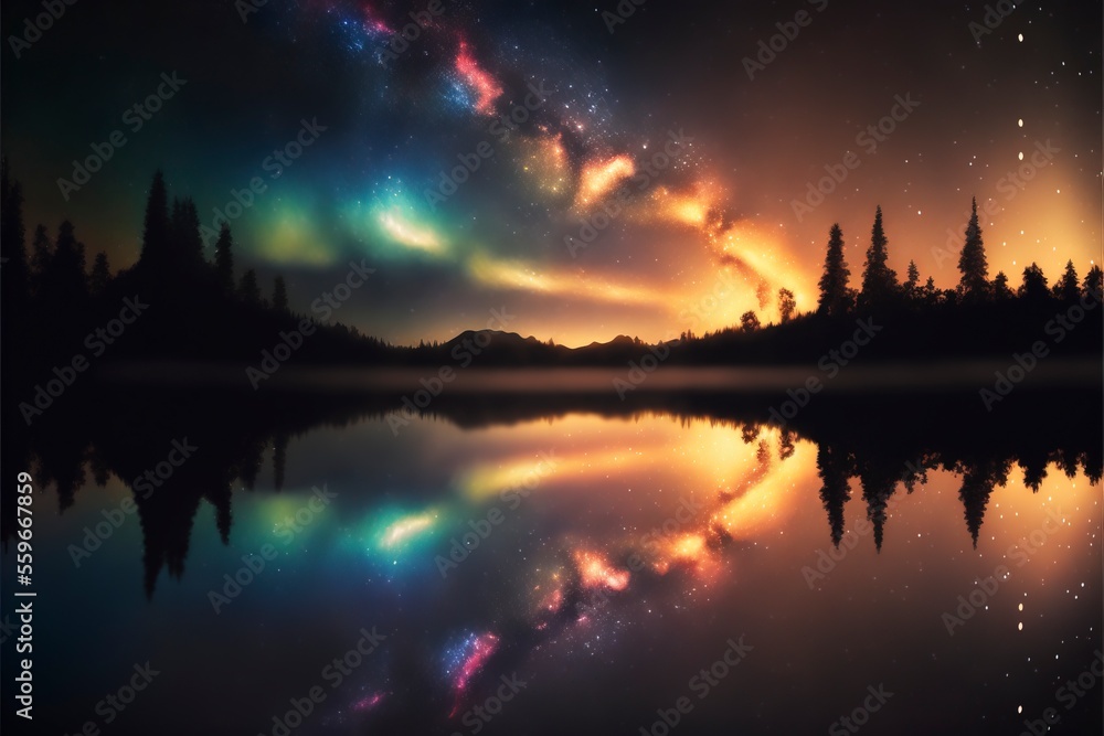 river in space, stars, galaxy, rainbow, ethereal