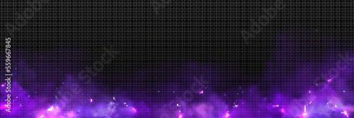 Empty frame decorated with neon purple toxic smoke and lightning discharges isolated on transparent background. Realistic vector illustration of rectangular border glowing in darkness. Design element