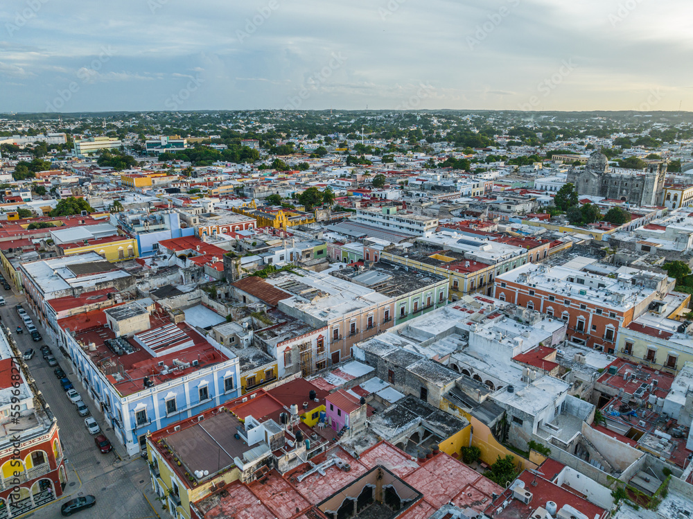 Obraz premium Aerial view of Campeche downtown at sunset.