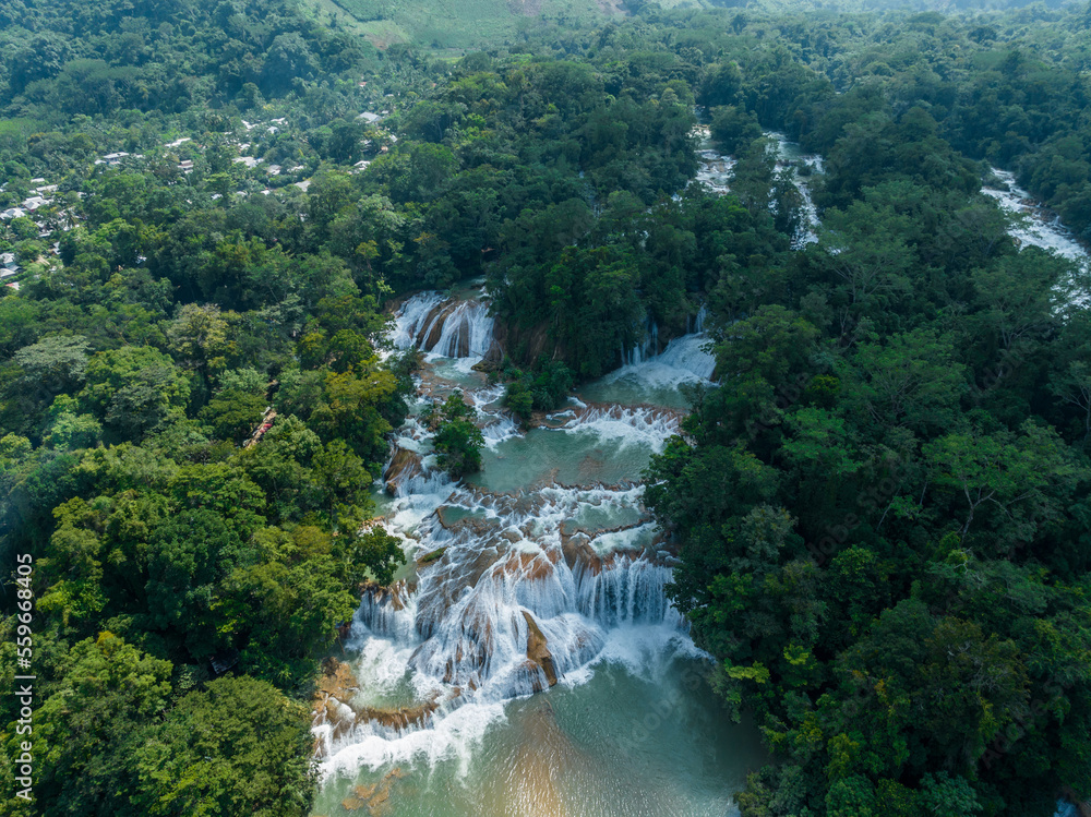 Aerial view of the waterfalls Agua Azul, Chiapas (Mexico). Panorama.
