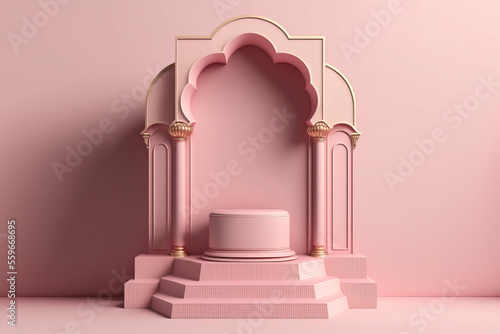 product stage, ramadhan, pink sage, islamic theme with Generative AI