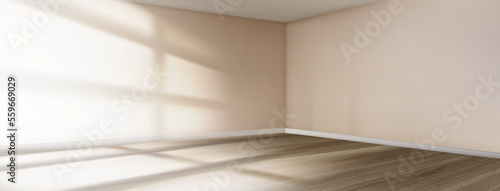 Empty beige room corner with sunlight and window shadow. Realistic vector illustration of new studio apartment interior design with blank pastel walls, wooden floor and no furniture. Real estate