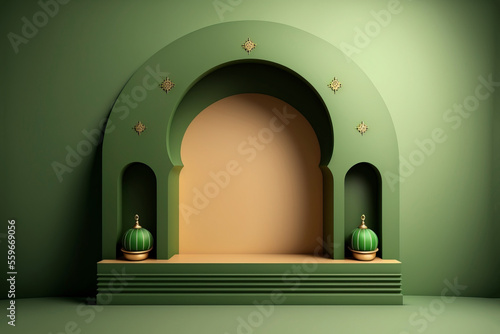 drum product stage, ramadhan, sage green, islamic theme with Generative AI