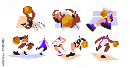 Basketball players in action set. Athletes playing sport game, throwing ball to basket net, dribbling, running, jumping. Diverse men training. Flat vector illustrations isolated on white background