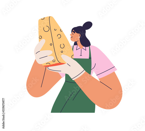 Cheese maker, gourmet smelling farm dairy product. Cheesemonger during maasdam degustation. Woman holding tasty Holland delicatessen, gouda piece. Flat vector illustration isolated on white background