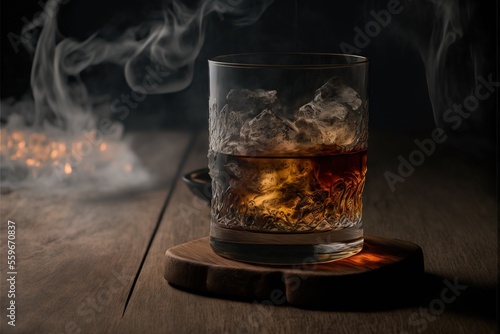 a glass of whiskey with smoke coming out of it on a wooden table with a spoon and a candle., generative ai photo
