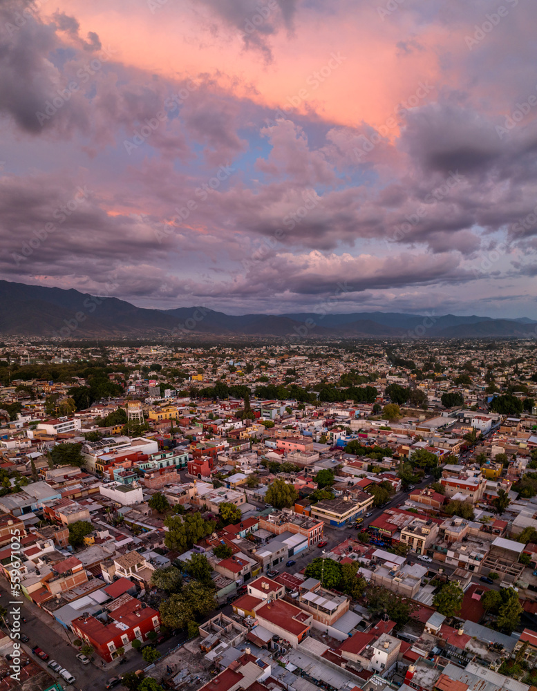 Beautiful aerial view of the city of Oaxaca in Mexico. Amazing sunset.