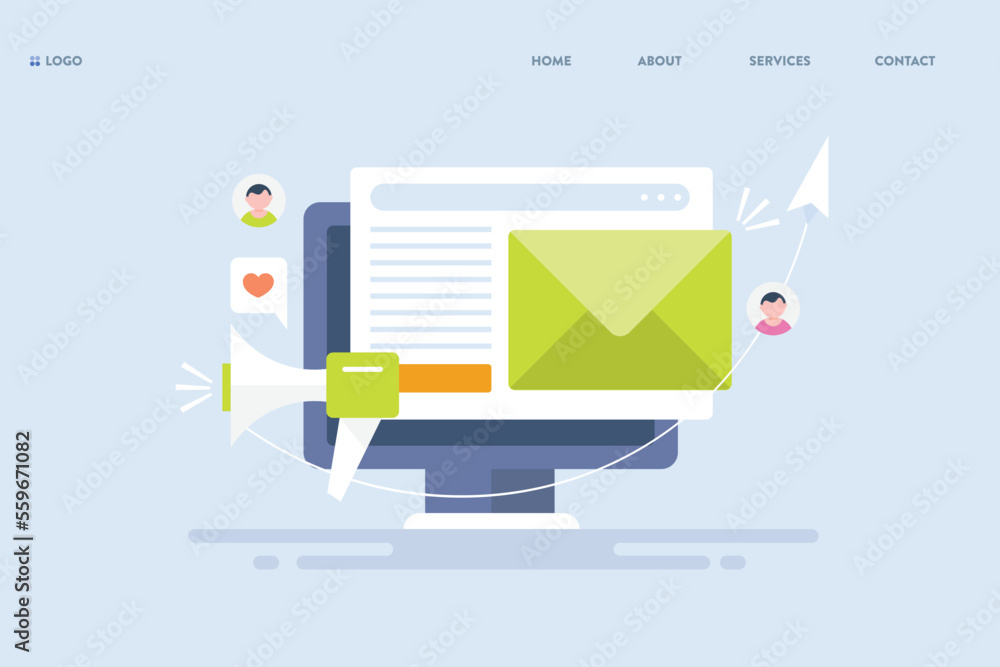 Communication software technology providing email services to organizations, sending email to subscribers digital marketing concept, web banner template. Communication software technology providing email services to organizations, sending email to subscribers digital marketing concept, web banner template.