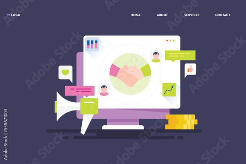 Business partnership affiliate marketing profit sharing concept, making commission money with customer referral program, web banner template.