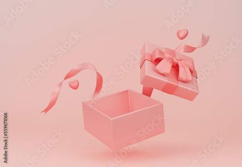 pink gift box with ribbon, bow. 3d abstract background for Valentine, birthday. 3d render. Mockup Empty product design.  photo