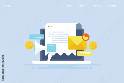 Send messages with email newsletter marketing campaign, personalized content for brand promotion to audience, document mail on laptop screen concept.