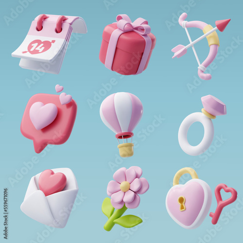 3d Vector icon set of Valentine's day and love anniversary, Valentine's Day Concept. photo