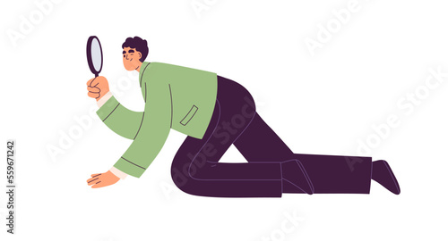 Man searching, researching with magnifying lens, glass. Curious person looking through loupe, inspecting, finding, exploring business concept. Flat vector illustration isolated on white background