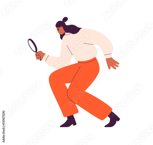 Searching and finding concept. Woman looking through magnifying glass, lens. Person seeking for information, inspecting, analyzing, exploring. Flat vector illustration isolated on white background