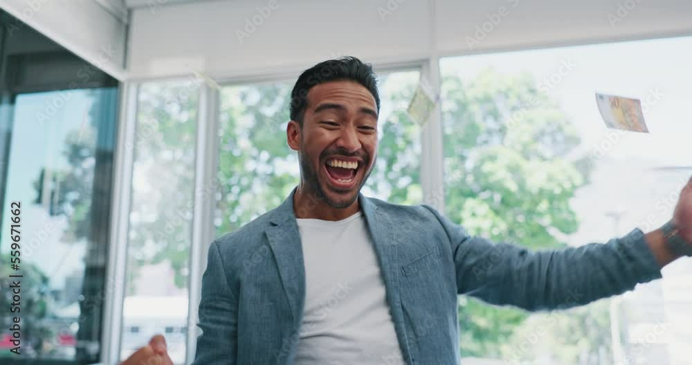 Man, office and money rain celebration with phone, smile and winning in online competition, app or game. Businessman, happy and winner with cash in air for success, profit or bonus from crypto at job Man, office and money rain celebration with phone, smile and winning in online competition, app or game. Businessman, happy and winner with cash in air for success, profit or bonus from crypto at job
