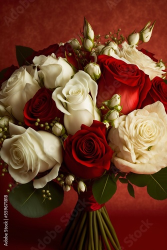 A bouquet of white and red roses flowers as symbol of love and romance against a red color background