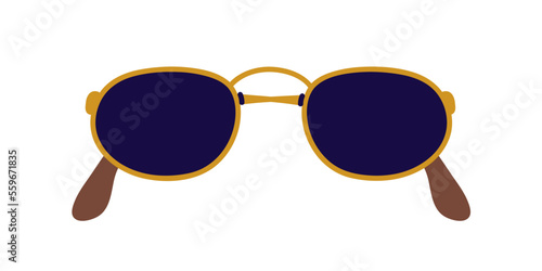 Sunglasses, beach eyeglasses of oval lenses, gold rim frame. Sun glasses, fas...