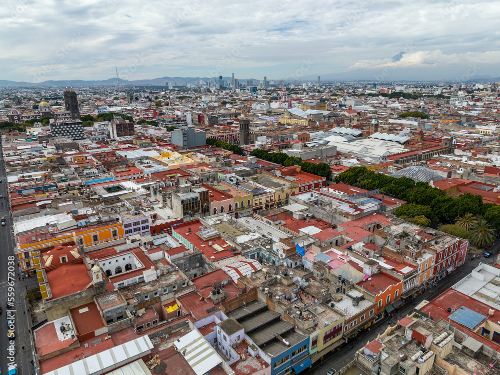 Beautiful aerial view of the city of Puebla in Mexico.