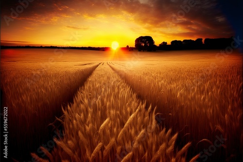 Golden wheat field with the setting sun behind