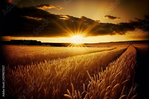 Golden wheat field with the setting sun behind © vuang