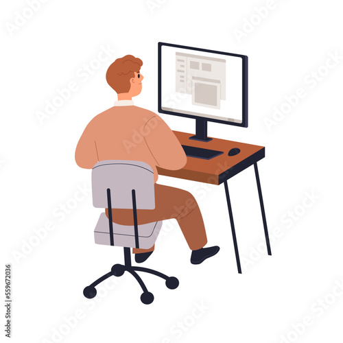 Teenager student at computer desk. School boy, pupil studying at desktop, PC, sitting on chair at table, learning information technology, coding. Flat vector illustration isolated on white background