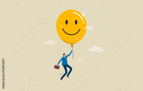 Mental health, Happy mood. feeling and expression. A man floats in the sky and holding yellow balloon with smile. illustration