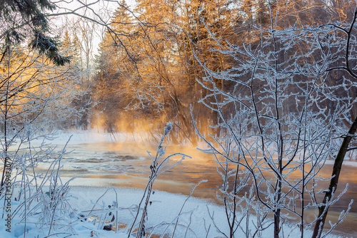 Winter frosty landscape in a forest area near a flowing river.