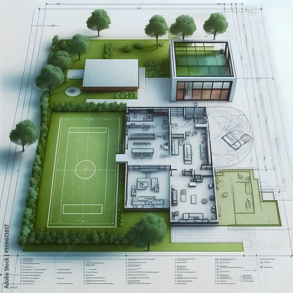 Building house on blueprints architectural construction model