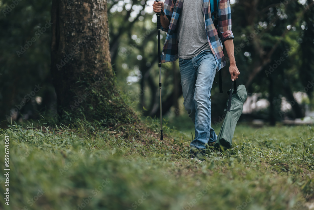 Hikers use trekking pole with backpacks and hold tent bag walking through the forest. hiking and adventure concept. Hikers use trekking pole with backpacks and hold tent bag walking through the forest. hiking and adventure concept.