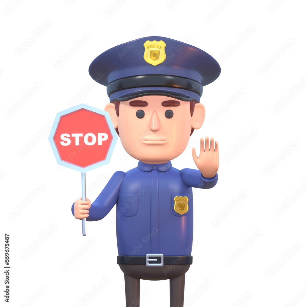 3d render of cartoon policeman holding stop sign
