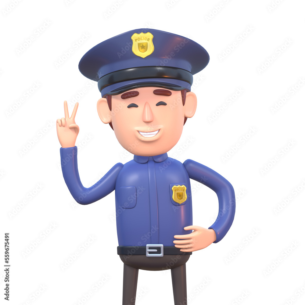 3d render of cartoon policeman showing victory gesture 3d render of cartoon policeman showing victory gesture