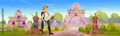 Man tourist explore ancient aztec ruins. Summer landscape of abandoned village of mayan civilization with temple, statues, pyramid and traveler in hat with flashlight, vector cartoon illustration