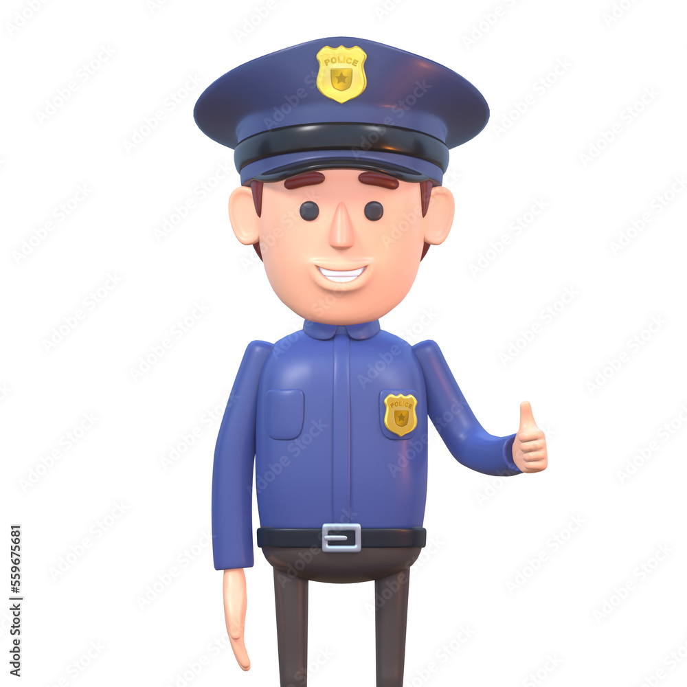 3d render of cheerful cartoon policeman showing thumbs up gesture 3d render of cheerful cartoon policeman showing thumbs up gesture