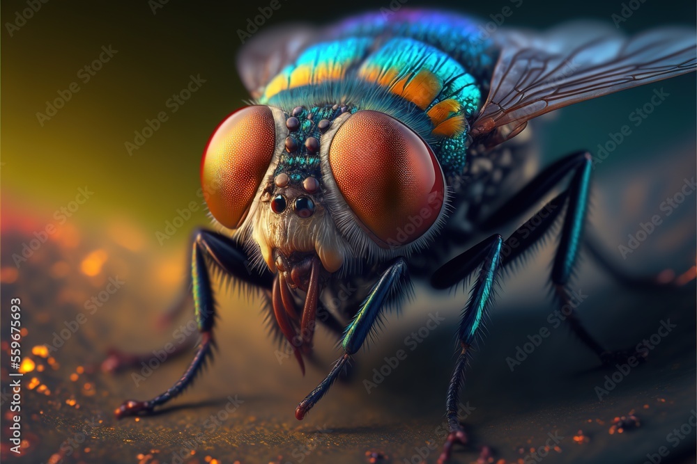 a close up of a fly with a blue and yellow head and orange eyes and a ...